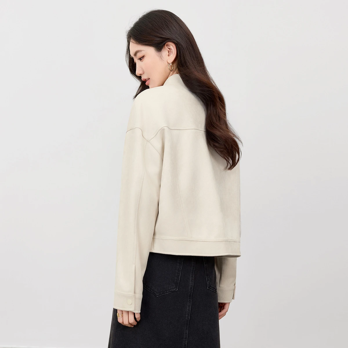 SENTUBILA 여성용 스웨이드 가죽 자켓 2026 봄 스탠드 칼라 드롭 숄더 봄버 자켓 코트 여성용 아우터 153WB2263