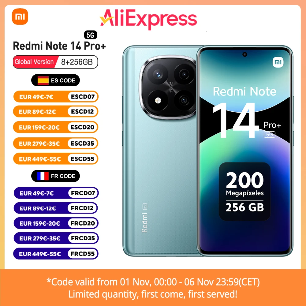 Xiaomi Redmi Note 14 Pro Plus 5G NFC, Snapdragon® 7s Gen 3,Pantalla AMOLED de 6,67" 1,5K,Cámara de 200MP,Cargador no Incluido