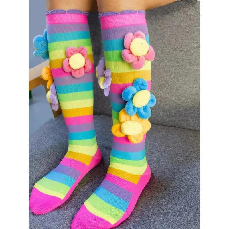 Children\'s Rainbow Striped Stockings, Stockings, Novelty Fashion, AB Knee Socks, Birthday Gift, 4 Sunflower