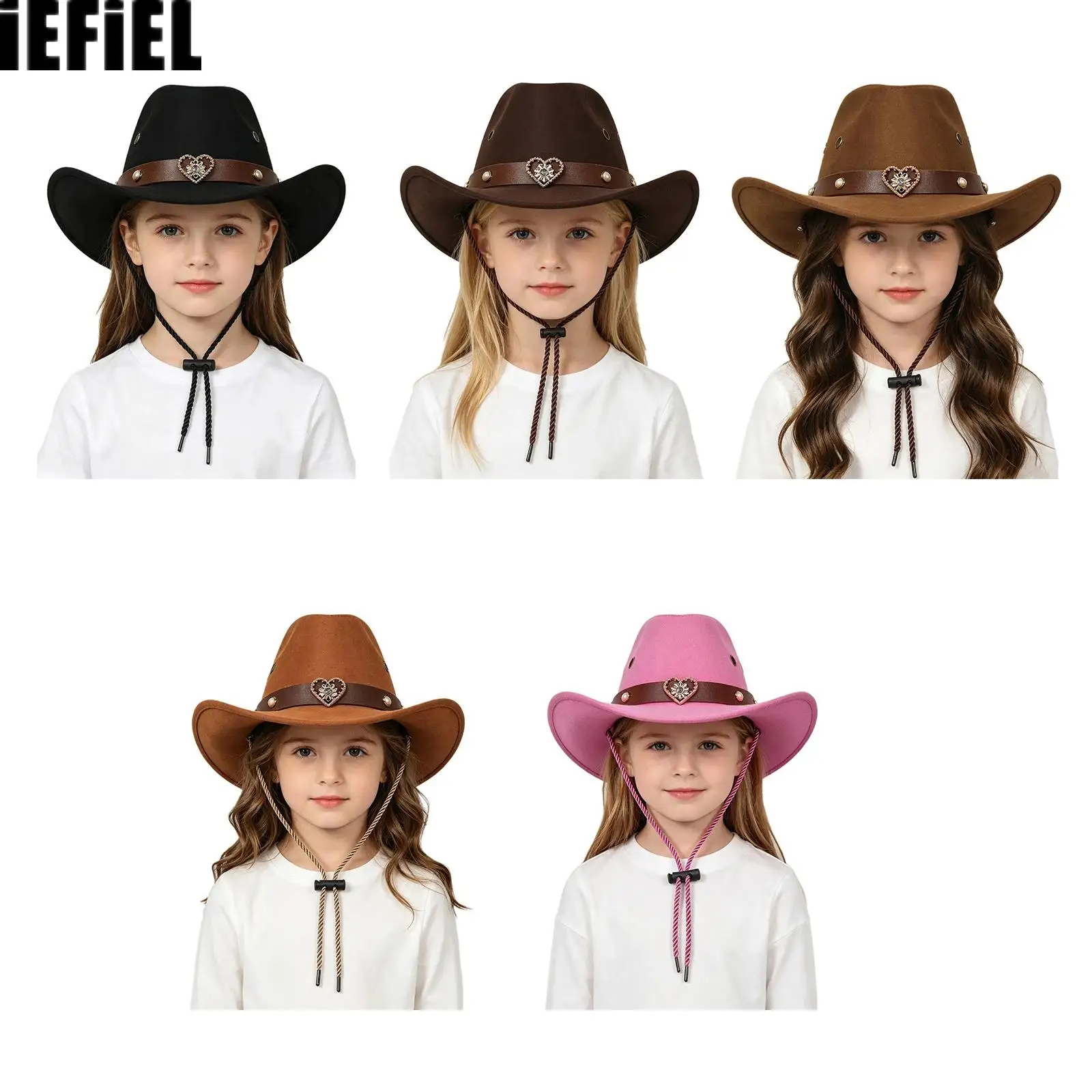 Kids Boys Girls Western Cowboy Hat Wide Brim Retro Band Decoration Cap Headwear with Adjustable String for Travel Outdoor