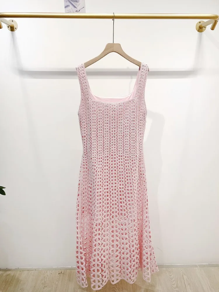 Summer Sweet Lady Diamonds Jacquard Hollowed Out Short Sleeved Knitted Cardigan Tops Coat Slim Fit Long Dress Set Two Piece Set image 6