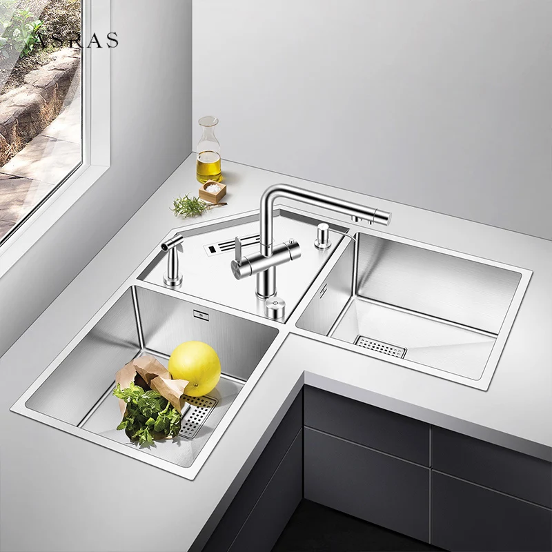 ASRAS Corner Handmade Kitchen Sink 304 Stainless Steel 4mm Thickness Brushed Double Corner Kitchen Sinks With Knife Holder