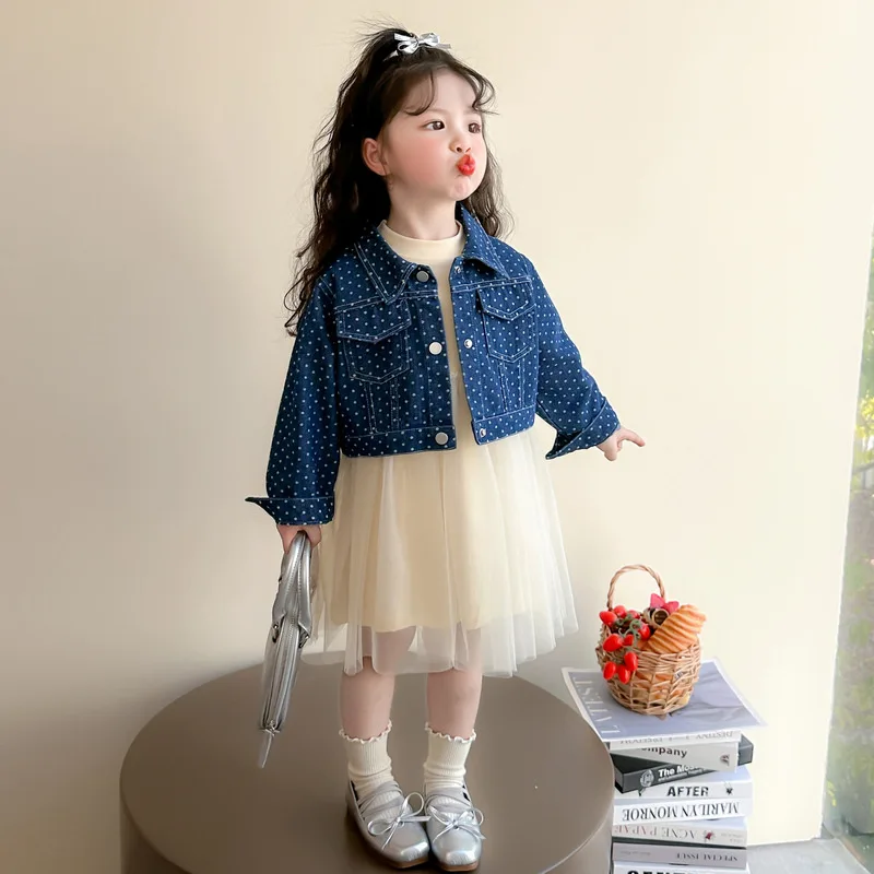

Girls' Spring and Autumn Outfit2025New Stylish Children's Denim Jacket and Fashionable Baby Spring Dress Two-Piece Set