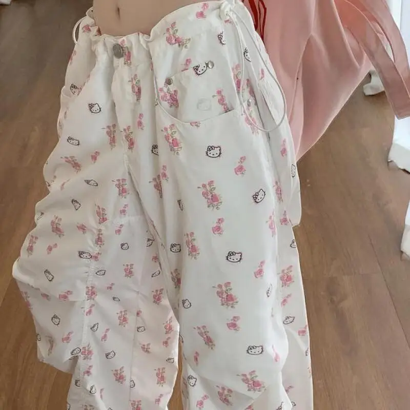 Pantalon Sanrio Hello Kitty pantalon Cargo blanc printemps et automne Style étudiant collège Style pantalon sport pantalon de nettoyage de sol