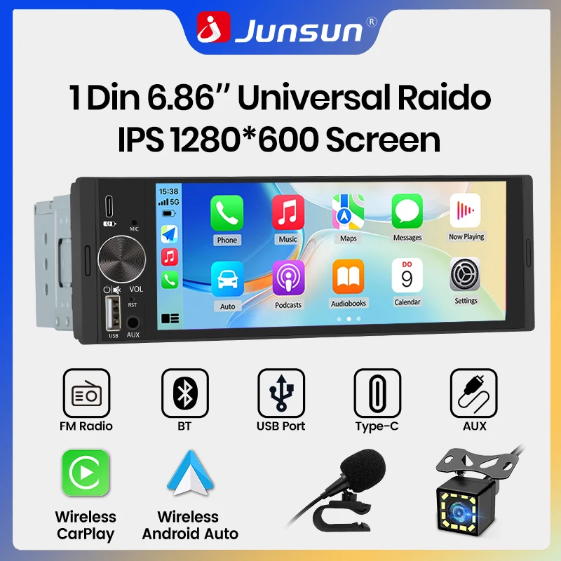 Autoradio universel Junsun 6,86 pouces sans fil Carplay Android Auto 1 Din MP5, écran tactile IPS 1280*600, stéréo central, lecteur multimédia vidéo, caméra de recul, Bluetooth 5.0, navigation GPS, 1Din, SWC, FM, MIC, AUX, USB Type-C, chargeur, autoradio