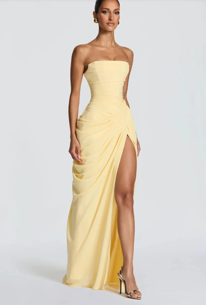 Mingmingxi Spring Summer Yellow Strapless Maxi Dress Ruched High Slit Evening Gown Bodycon Wedding Guest Party Dress Women