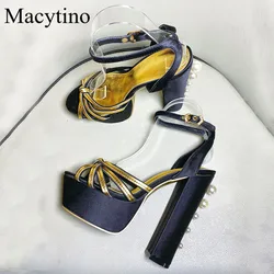 Pearl Embellished Super14 CM High Heel Ladies Sandals Round Toe Block Heel High Heel Sandals Fashion Party Sandals