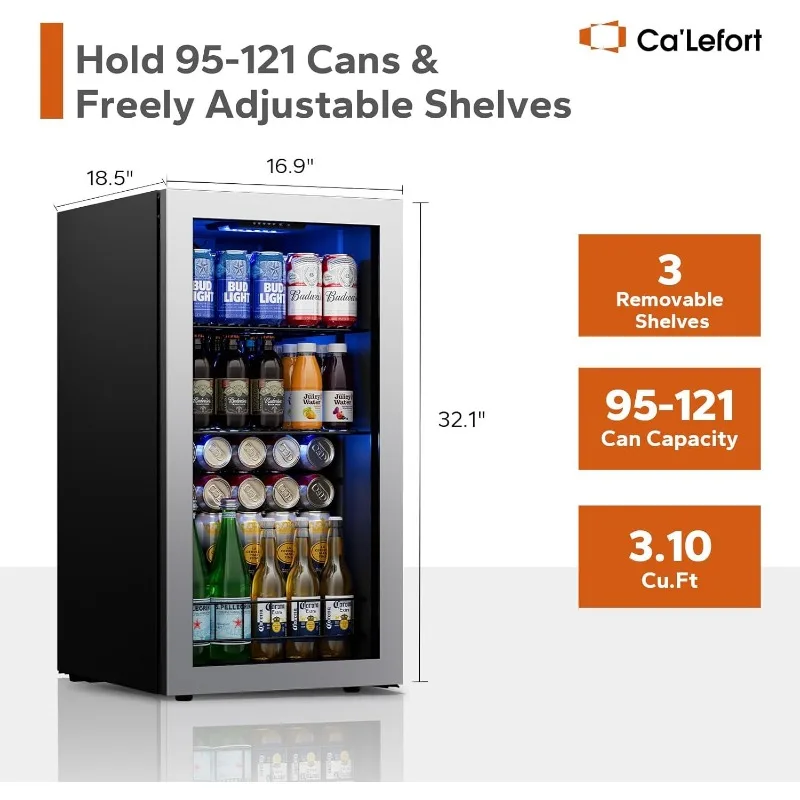 

121 Can Mini Fridge Glass Door for Beer Soda 38-68°F, Freestanding/Under Counter Beverage Cooler for Bedroom