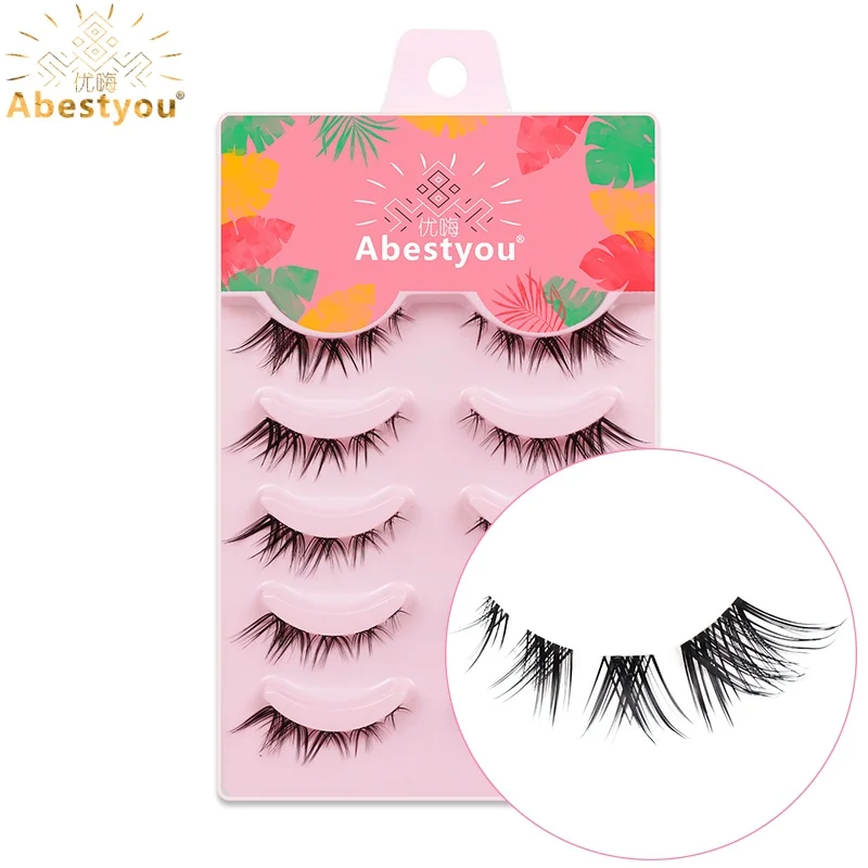 アベストユー 5ペア ショート インビジブル クリアバンド キャットアイ フェイクミンク ラッシュ 5-12mm ナチュラル 薄い 軽い ウィスピー 再利用可能 フルストライプ つけまつげ