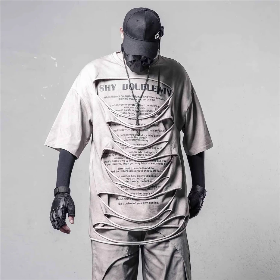 

Vintage Ripped Hole TShirt Men Streetwear Hip Hop Short Sleeve T-shirts Oversized Harajuku Fake Two Pieces Casual Tees Tops Male