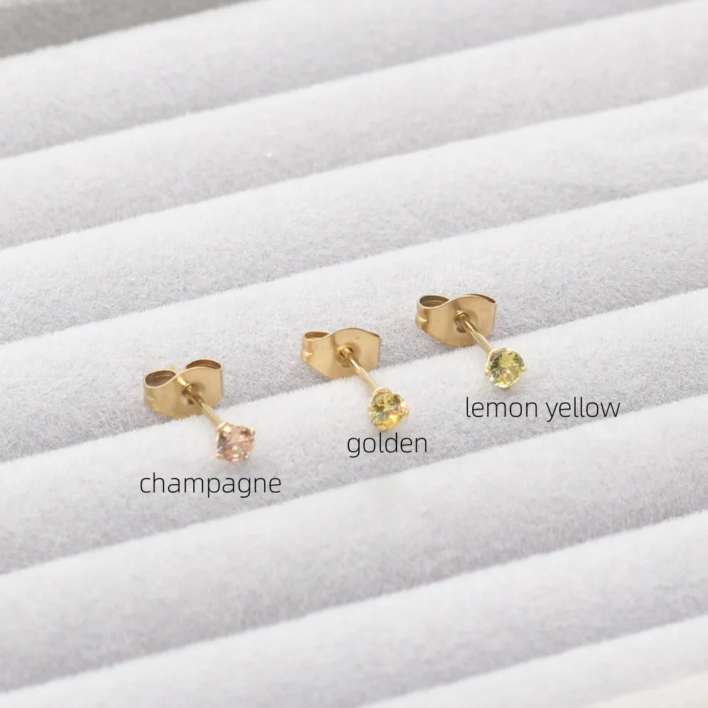 3mm Stainless Steel Stud Earring  AAA White Black Brown Yellow Round Zircons IP Plating No Fade Allergy Free