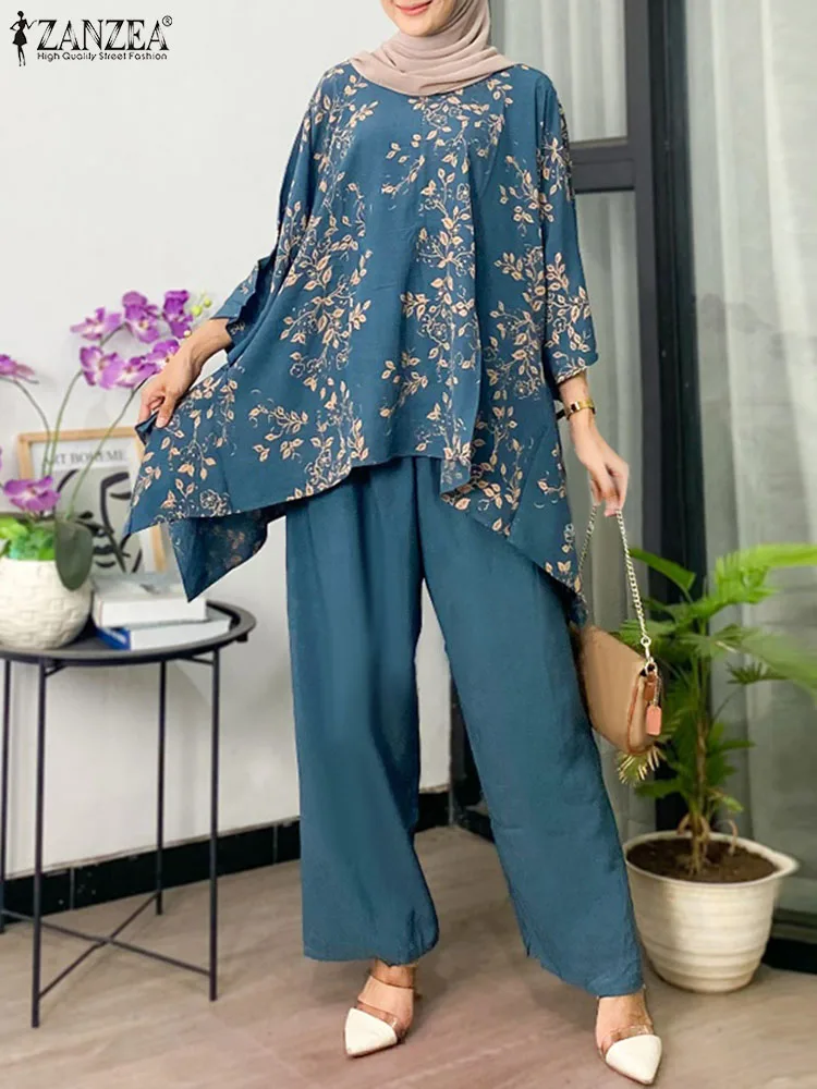 

ZANZEA Casual Asymmetrical Hem Floral Tops Matching Sets Wide Leg Trouser 2pcs Pant Sets Muslim Fashion Summer Loose Outfits