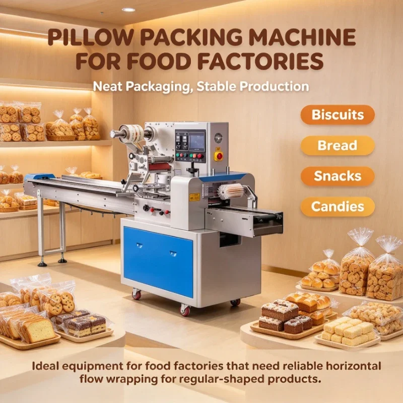 Customized Automatic Horizontal Wrapping Flow Pack Packing Machine Bread Pillow Packaging Machine for Food Snack Bakery