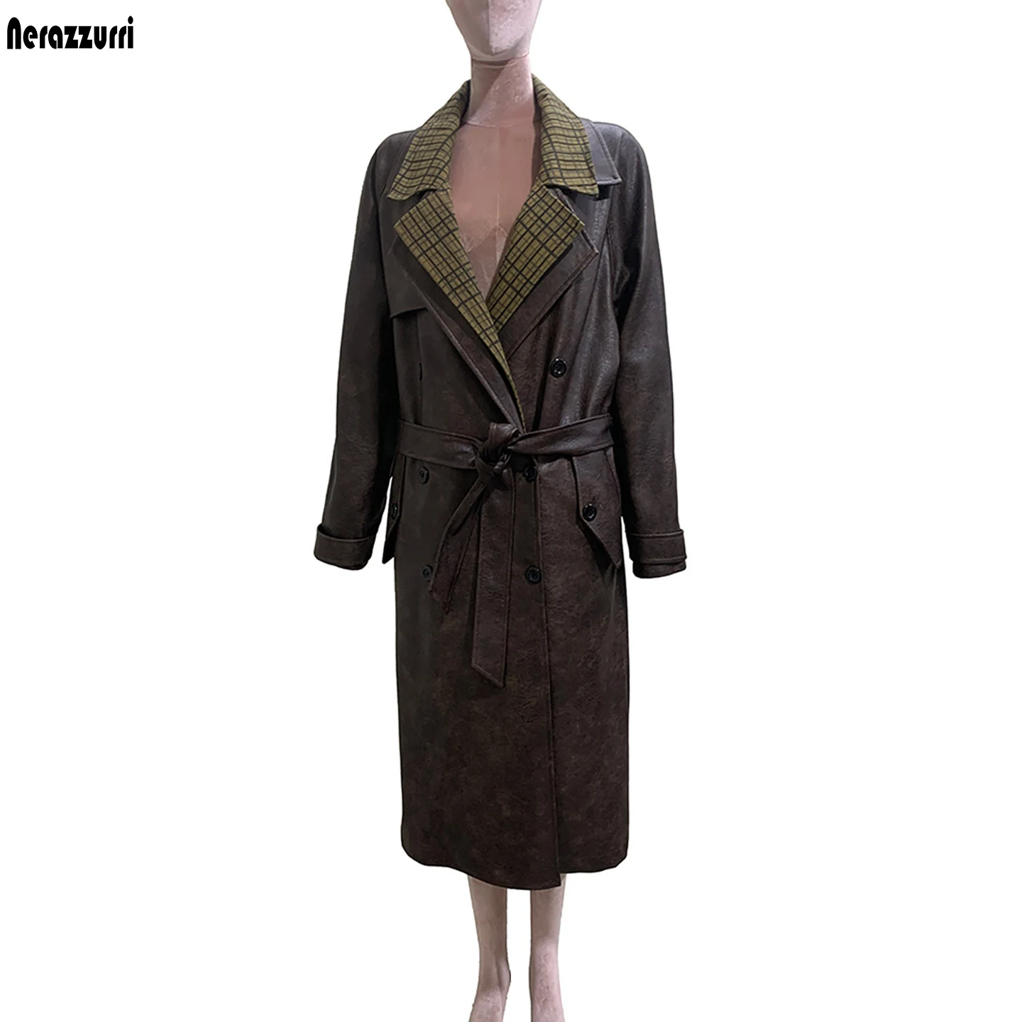 Nerazzurri Autumn Winter Long Reversible Plaid Patchwork Pu Leather Coat for Women Luxury Designer Streetwear Fashion Clothes