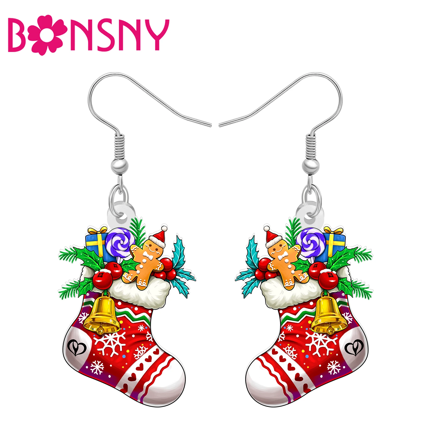 BONSNY Acrylic Christmas Stocking Earrings Gingerbread Candy Socks Dangle Winter Holiday Jewelry Xmas Gifts For Women Girls Teen