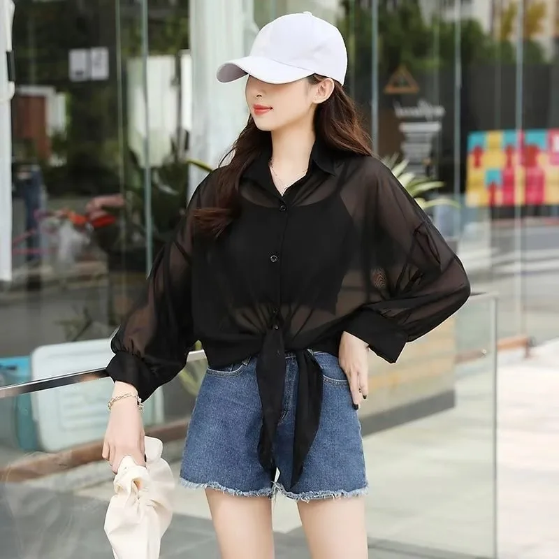 New Chiffon Sunscreen Shirt Female Thin Summer Loose Fashion Cardiga Lace Up Short Shawl Women Long Sleeve Sunscreen Clothing