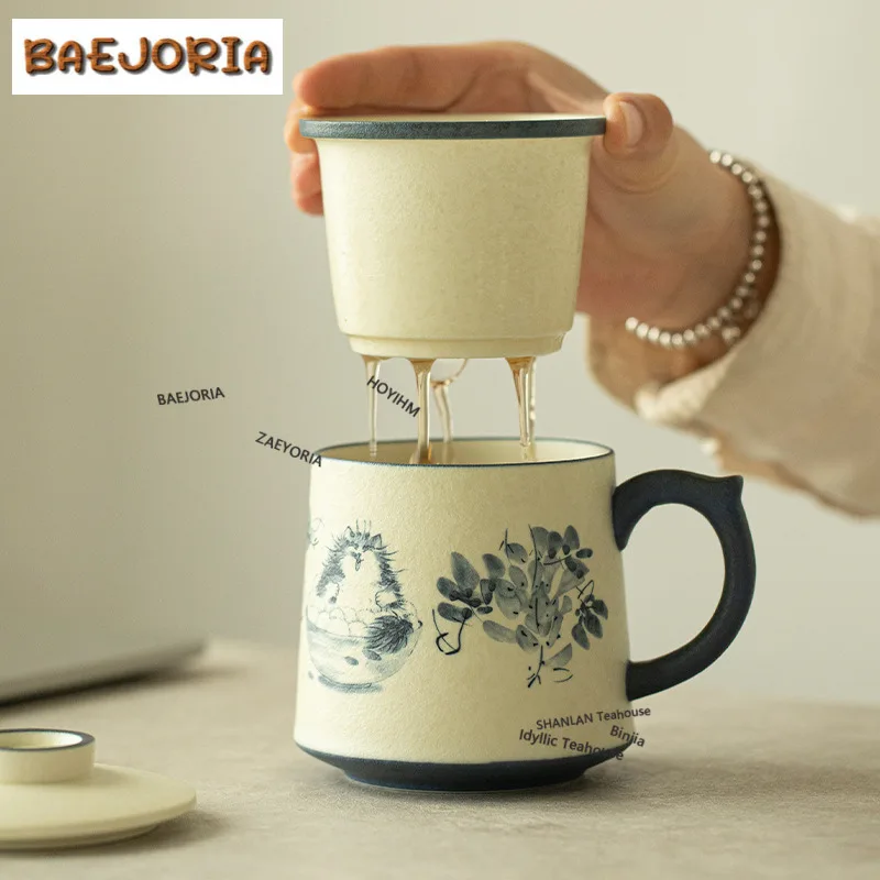 Taza de Té Retro de 400ml con Filtro de Gato Pintado a Mano, Taza de Oficina para Infusión de Té, Vaso para Beber, Adorno Decorativo