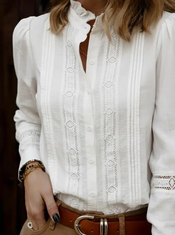 

2026 Spring and Autumn New Elegant Artistic Style Lace Splicing Stand Up Collar Long Sleeve White Shirt for Women Blouses