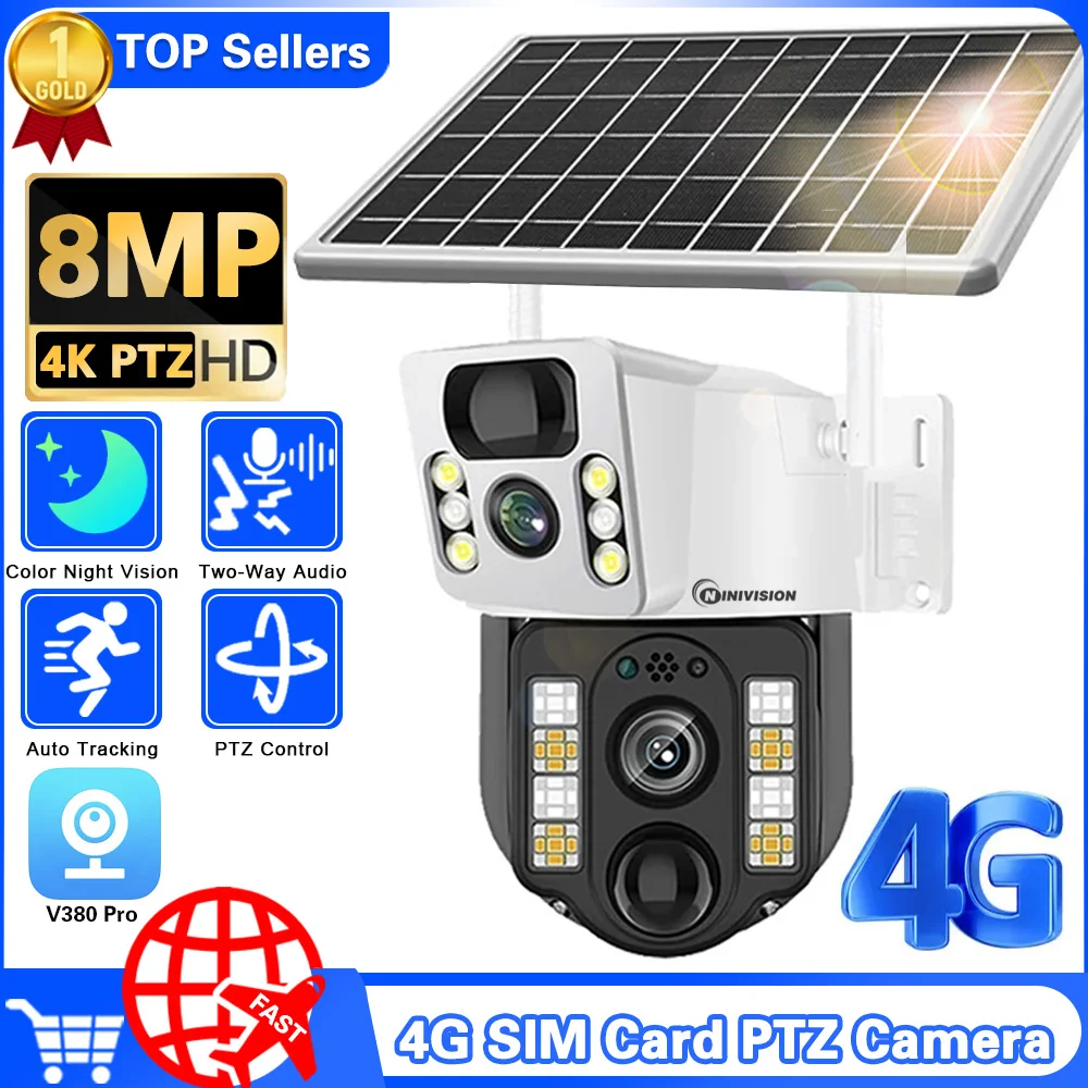 

4K 4G SIM Card Dual Lens Screen Solar Camera 8MP Surveillance PTZ Battery Camera Color Night Vision PIR Detection Audio V380 Pro