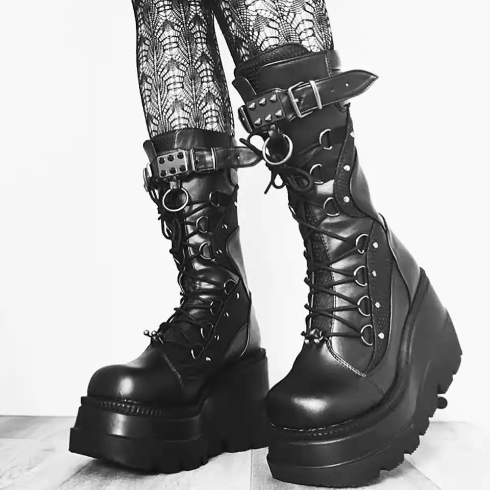 2023 Autumn Winter Sale Punk Halloween Witch Cosplay Platform High Wedges Heels Black Gothic Calf Boots Women Shoes Big Size 43