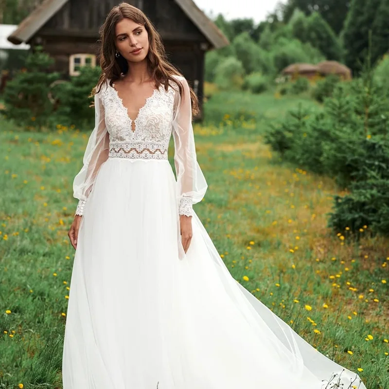 

Customized A Line BOHO Women Wedding Dresses Backless Long Sleeves Bridal Gowns Formal robe de mariée