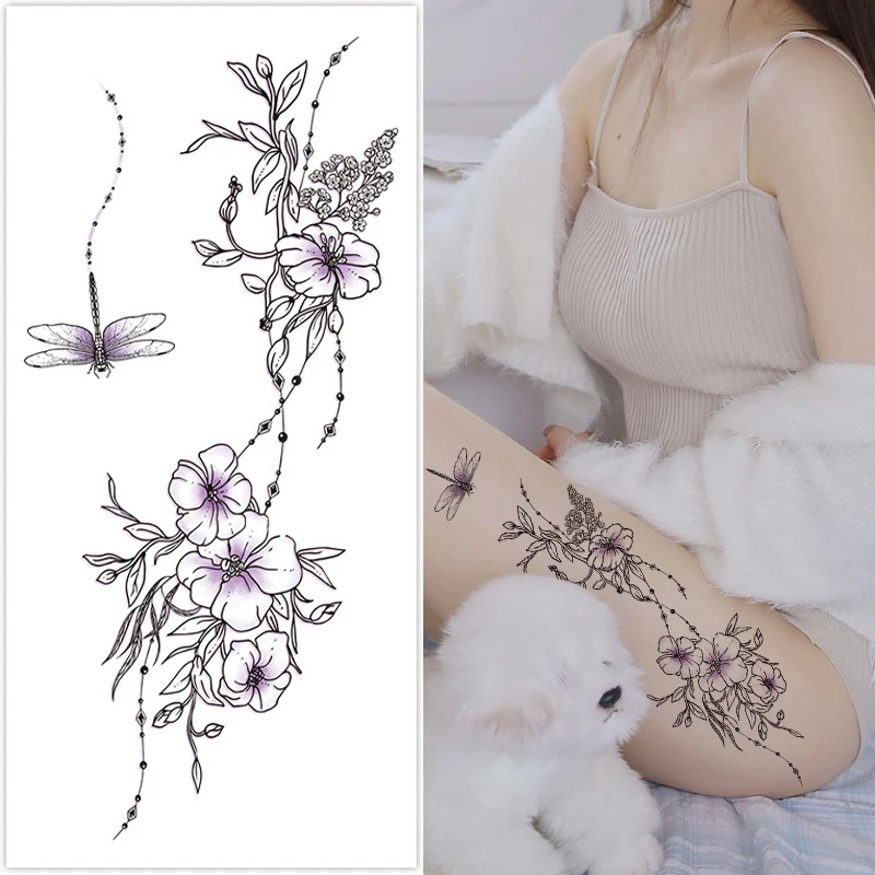 Purple Dragonfly Flower sexy Leg Tattoo stickers, Realistic, colorful, Waterproof, Sweatproof, Disposable Temporary stickers.