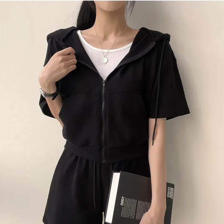 2024 Summer Casual Sport Wide Leg Shorts Two Piece Set Women Short Sets 2pcs Solid Stand Collar Zipper Short Sleeve Shirt Women