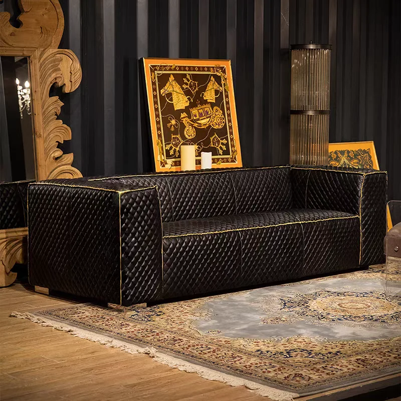 Medieval-style top-grain leather sofa, American vintage living room black tofu block sofa, whiskey cigar room straight-line sofa