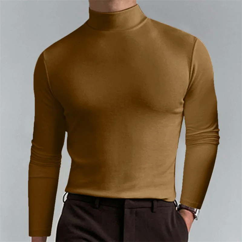 Men\'s Casual Slim Fit Bottoming Shirt Autumn Fashion Turtleneck Long Sleeves T-Shirt Male Sports Stretch Tops Solid Color Tees