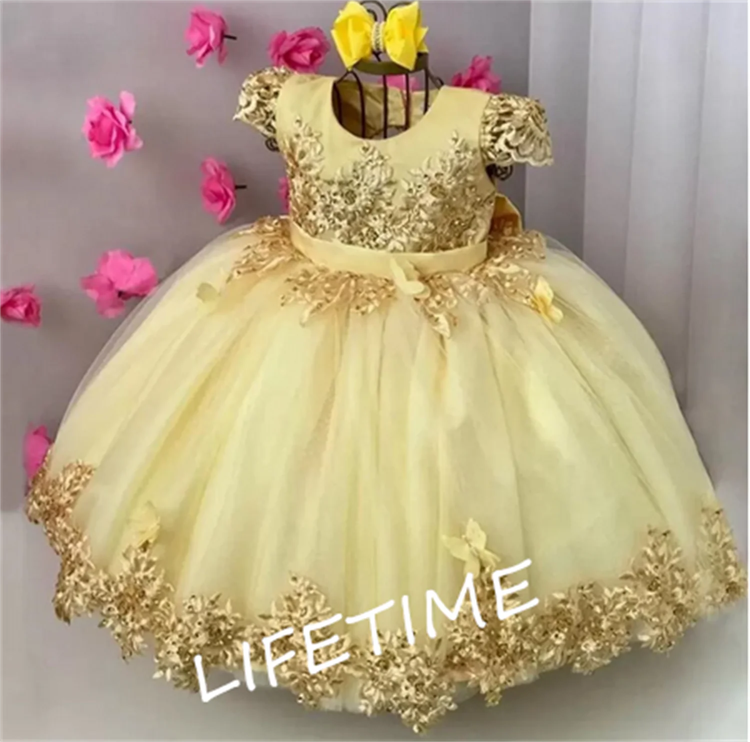 

Ball Gown Yellow Baby Girl Dresses Applique Lace Cap Sleeves Toddler 3D Flower Birthday Dress Party Gown for Girls Custom Color