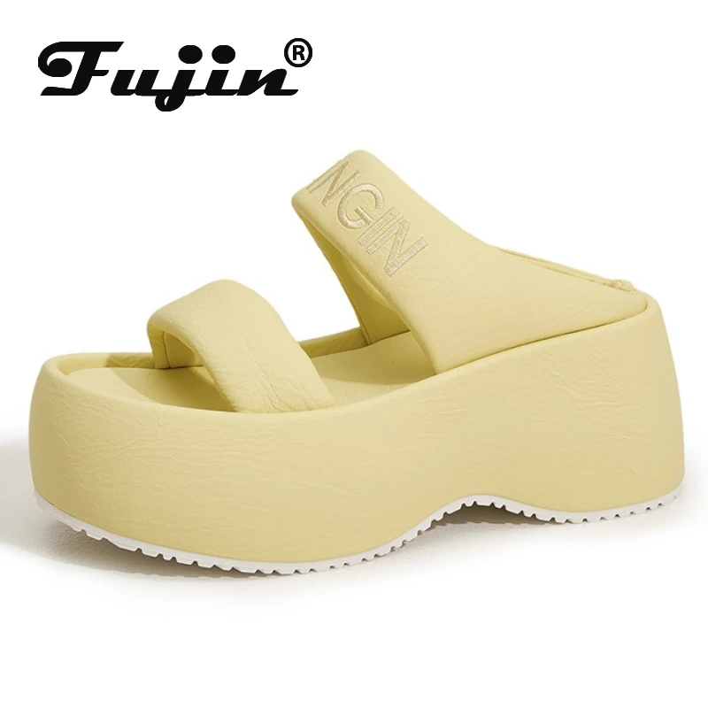 

Fujin 8 см из искусственной кожи из микрофибры, летние брендовые массивные кроссовки без шнуровки, сандалии-тапочки, удобные модные женские ботильоны