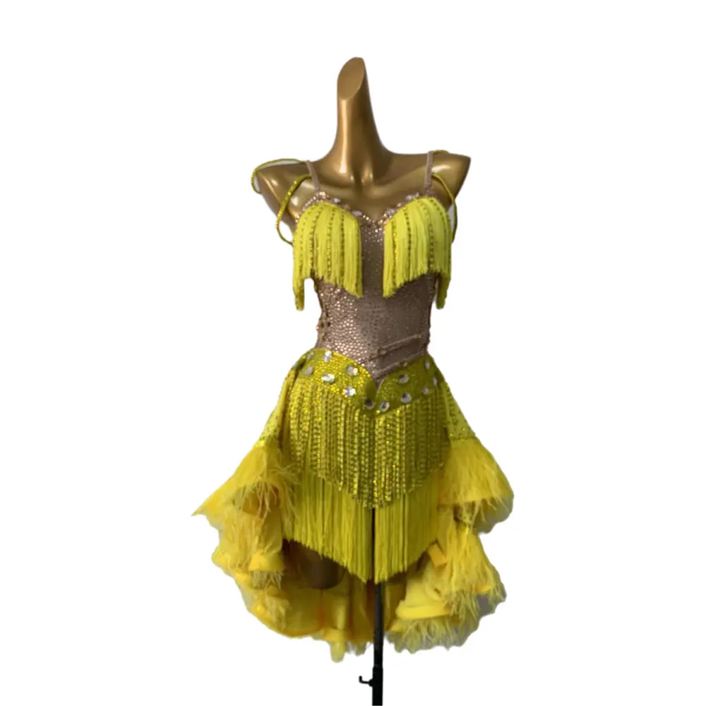 Latin Dance Professional dress High-end Custom Yellow Tassel Fluff Tail Tango Female Adult Standard Stage Professional Costume