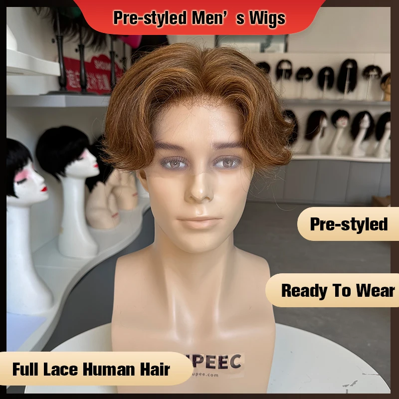 

Men's Wig Dark Brown Color Pre Styled Full Lace Wig Natural Male Wig Easy To Wear Transparent Full Lace Human Hair Wigs For Men