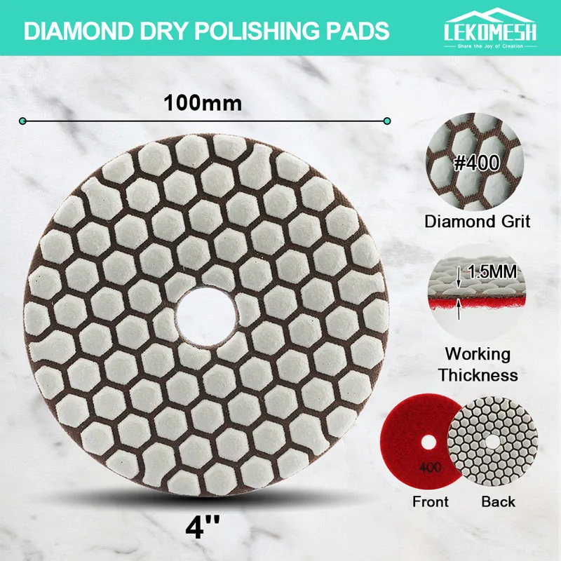 LEKOMESH 8pcs Diamond Dry Polishing Pads Granite Marble #400  Sanding Disc Ceramic Stone 100mm/4'' Polisher Grinding Plate