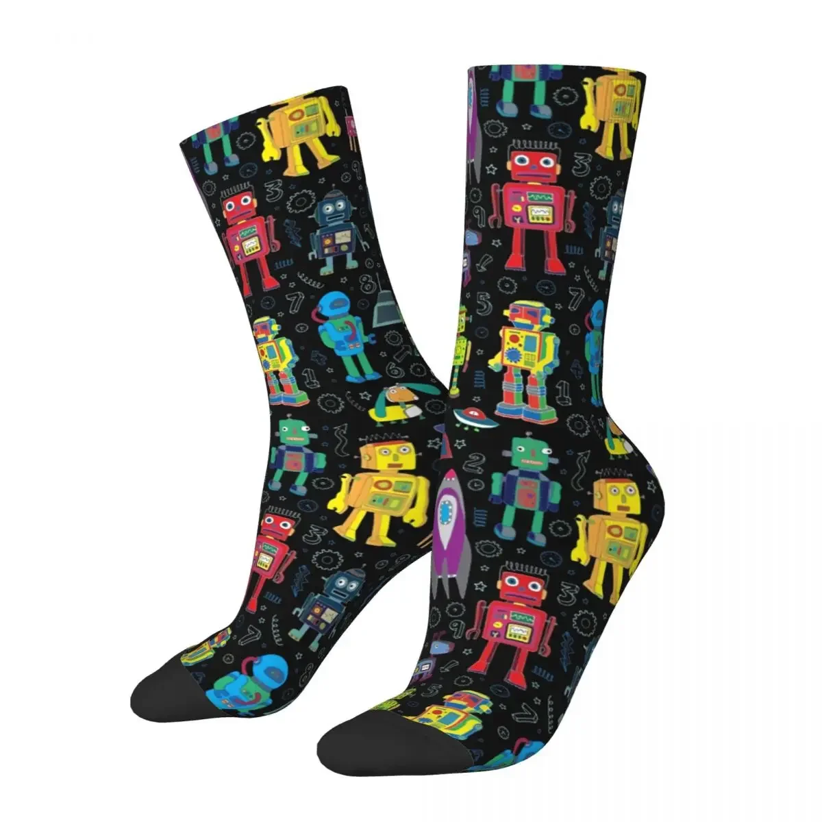 

Funny Crazy Sock for Men Robots In Space Hip Hop Harajuku Happy Quality Seamless Pattern Printed Boys Crew Sock Novelty Gift