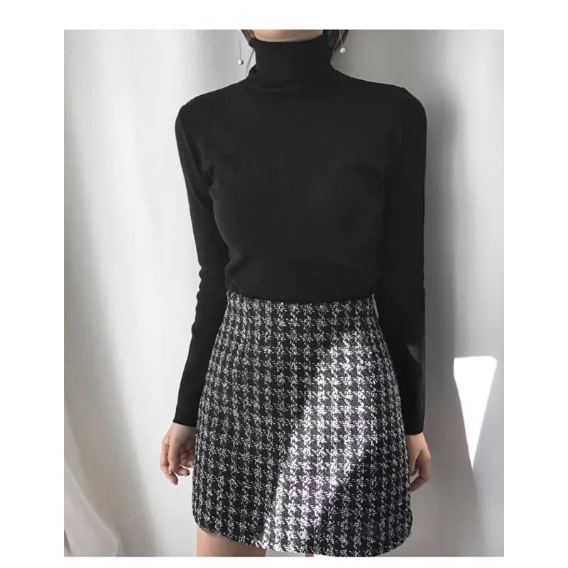 2025 Autumn and Winter Women's New Stitched Plaid Fashion Slim A-Line High Waist Versatile Woolen Skirt