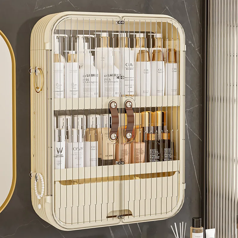 Kein Stanzen an der Wand montierter Badezimmerständer mit Tür, mehrschichtiges kosmetisches Toilettenlagerregal, multifunktionales Lagerregal