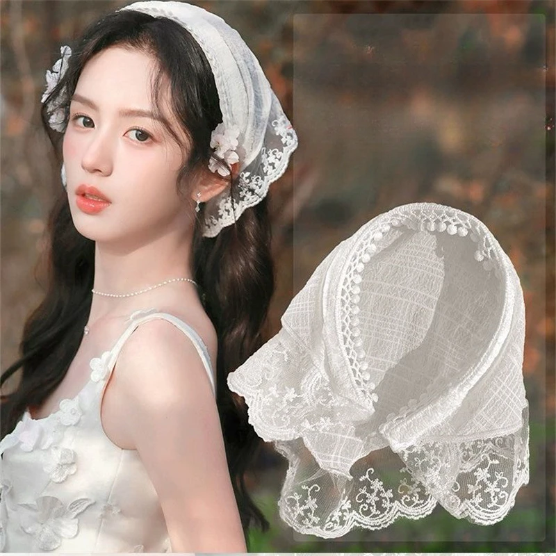 

2025 Lace Headband Scarf for Women French Style Triangle Bandana with Integrated Headwrap Pastoral Chic Hair Accessory