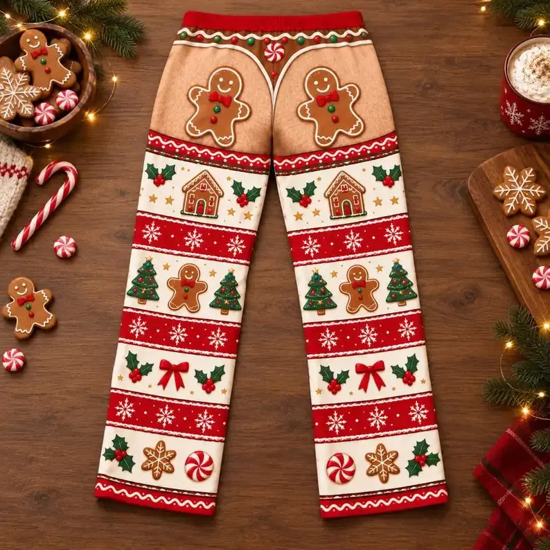 Novelty Christmas Couple Lounge Pants Gingerbread Cookie Fake Butt Graphic Print Loose Wide Leg Trousers Ugly Xmas Party Costume