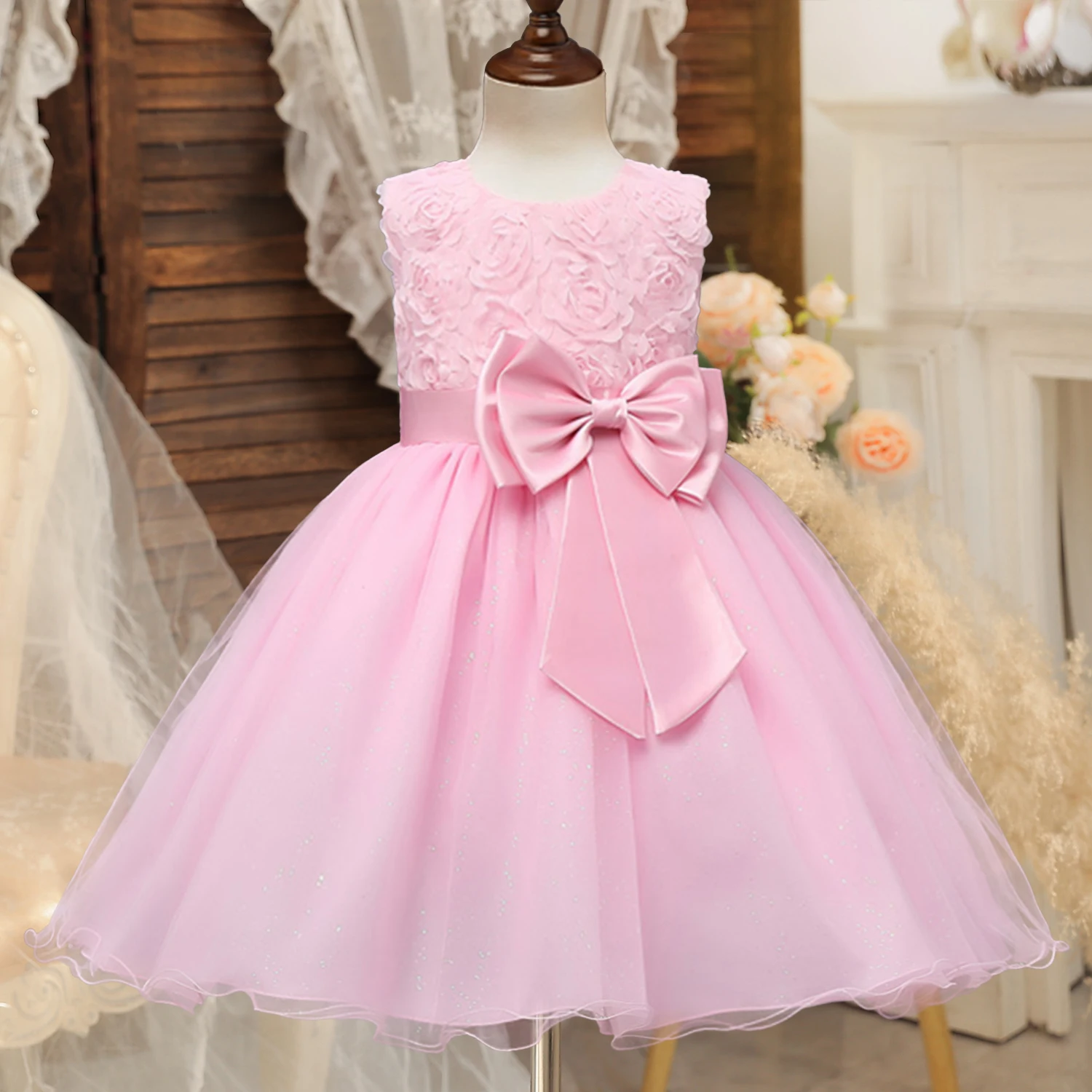 Flower Girls Dress for Wedding Princess Fuffy Appliques Gown Baby Girls Banquet Formal Gala Clothes Tutu White Dress for Girls