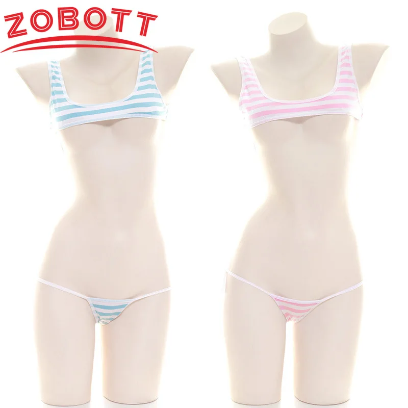 Japanese Sexy Lingerie Lolita Kawaii Blue Pink Striped Mini Bikini Adult Cosplay Erotic Costumes Striped Vest Suit