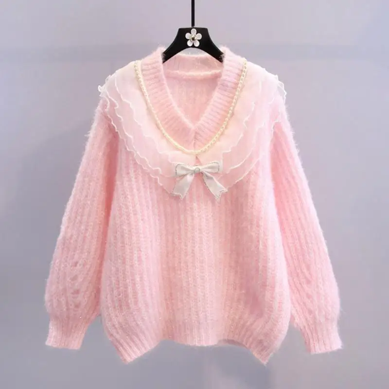 Lace Ruffles Bow-knot Beaded Girly Style Knitwear Korean Gentle Autumn Winter Female Sweater Casual V-neck Woman\'s Pullover