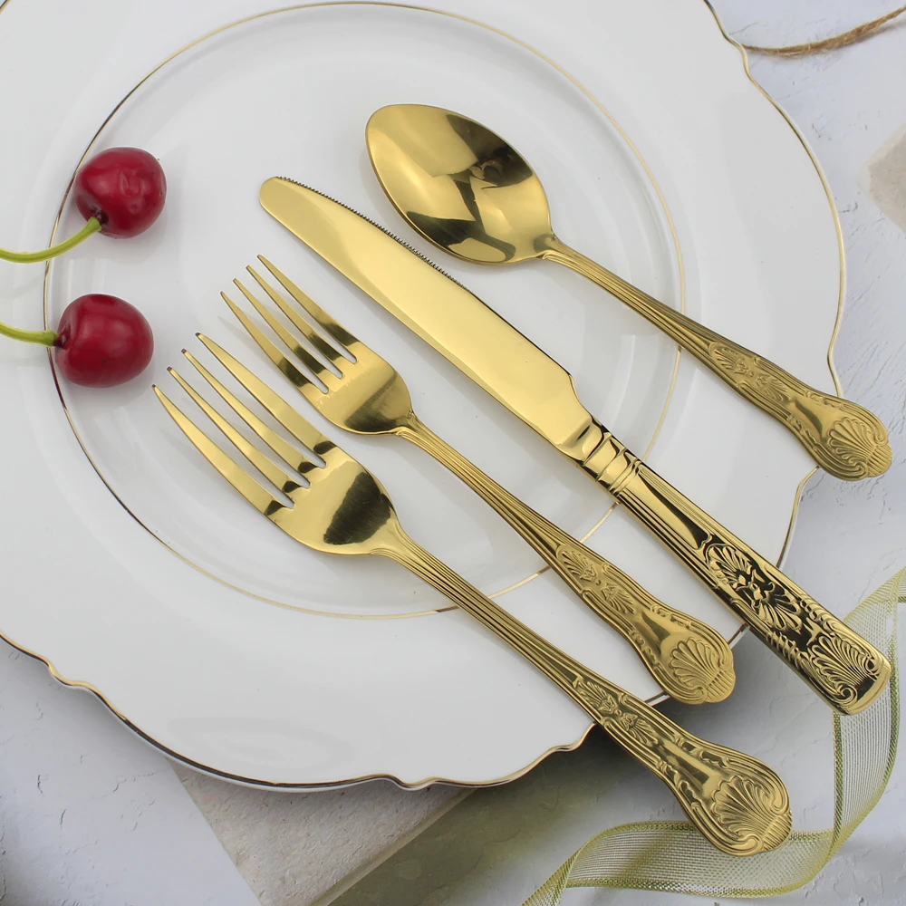 Graceful Royal Style 8 Utenisils Cutlery Sets Mirror Stainless Steel Elegant Metal Dinnerware Flatware For Kitchen Restaurant