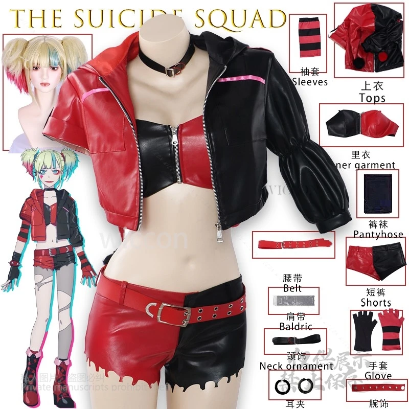 

The Suic ideSqu Movie Harley Cosplay Quinnnn Costume Cosplay Accurate Outfit Full Set Jacket Bodysuit Women Halloween Party
