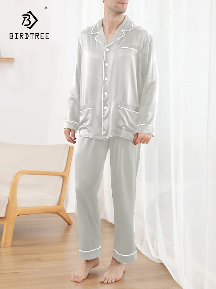 BirdTree, 25MM 100%Real Silk Casual Pajamas Set, Men Long Sleeve Top Pants, Satin Home Clothing Set, 2024 Summer Fall S47048QC