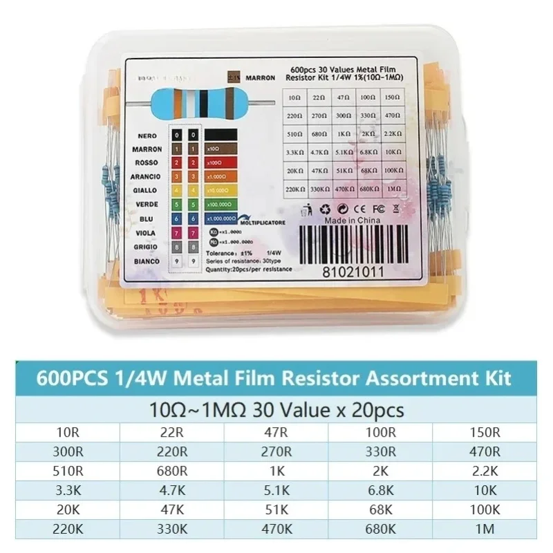 300/600 Stück 1/4W Widerstand 1% Metallfilm-Widerstand-Set mit Box 1K 10K 100K 220 Ohm 1M Widerstände 30 Arten