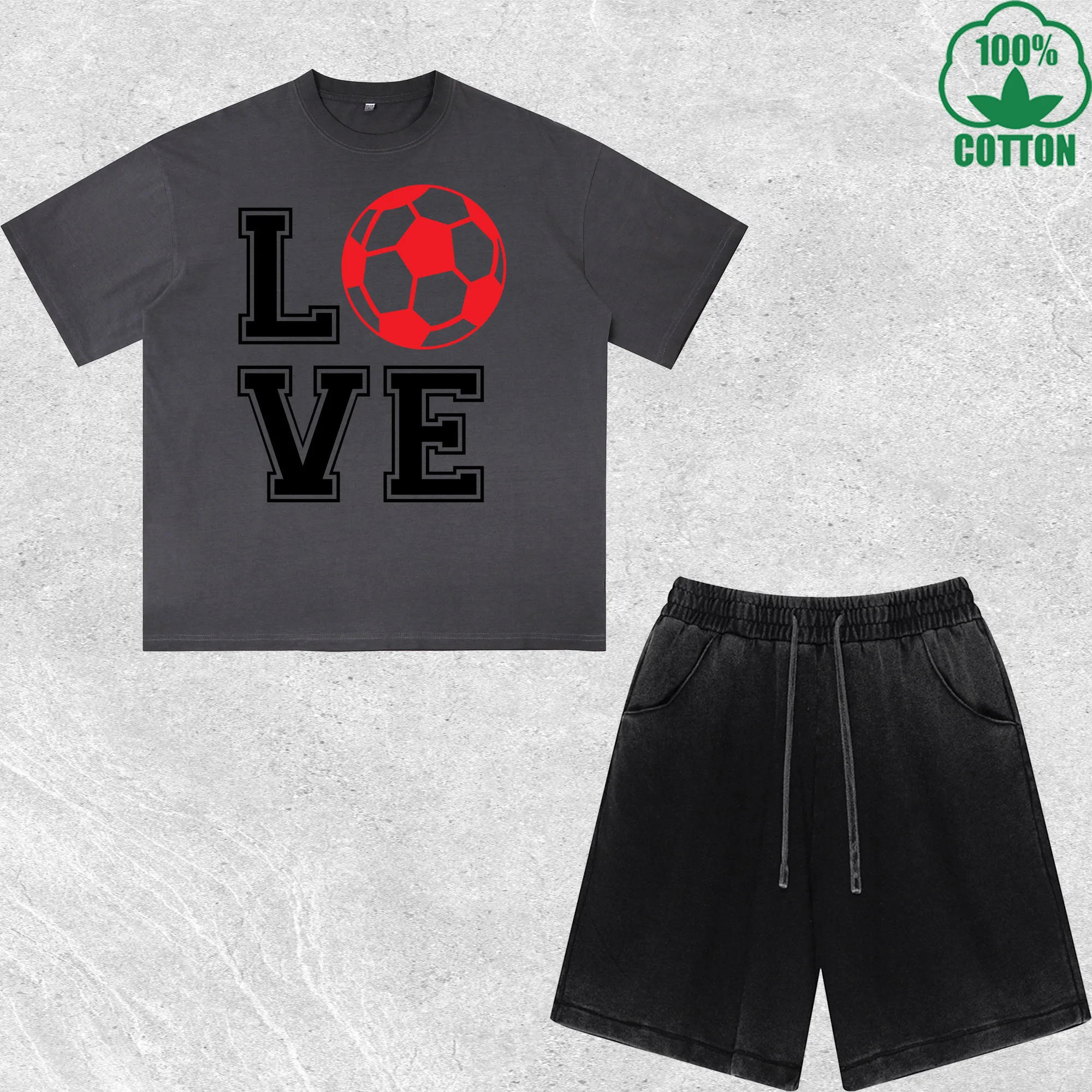 Love Soccer Printed Dirty Wash T-Shirt Shorts Set Combo Loose Trendy Fashionable 100%Cotton Short Value Pack