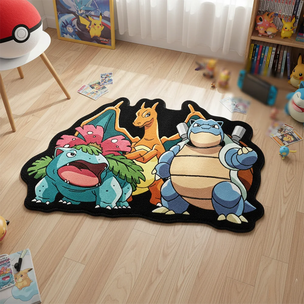 Pokemon Starter Trio Anime Area Rug - Charizard Blastoise Venusaur 3D Print Soft Non-Slip Floor Mat for Gaming Room Decor