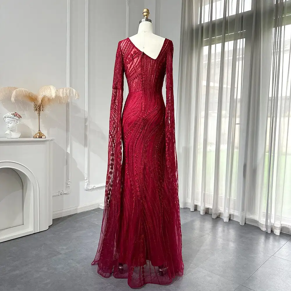 Elegant Burgundy Mermaid Evening Dresses with Long Sleeve Luxury Dubai Crystal Women Wedding Formal Party Gown LSZ146