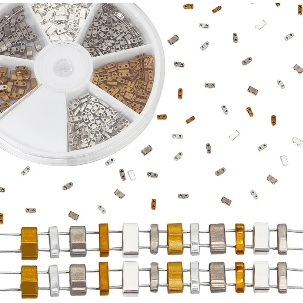 

420Pcs 2 Hole Half Tila Beads 6 Styles Mix Glass Beads Square Rectangle Mini Opaque with Plastic Container Color